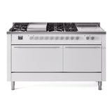 ILVE Professional Plus II 60-Inch Natural Gas Dual Fuel Range with 7 Burners, Griddle, & French Top with Solid Door Oven in White (UP60FSQMPWH)