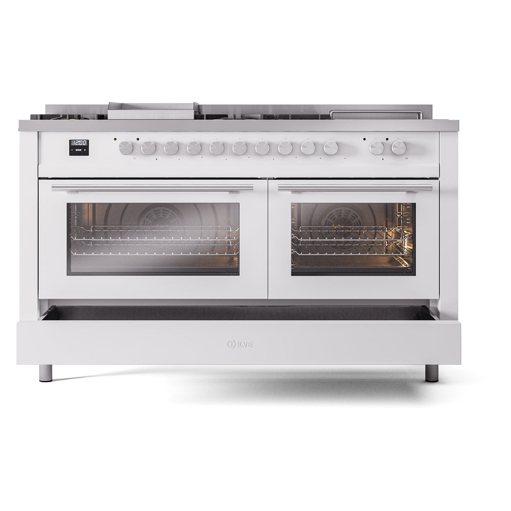 ILVE Professional Plus II 60-Inch Natural Gas Dual Fuel Range with 7 Burners, Griddle, & French Top with Solid Door Oven in White (UP60FSQMPWH)