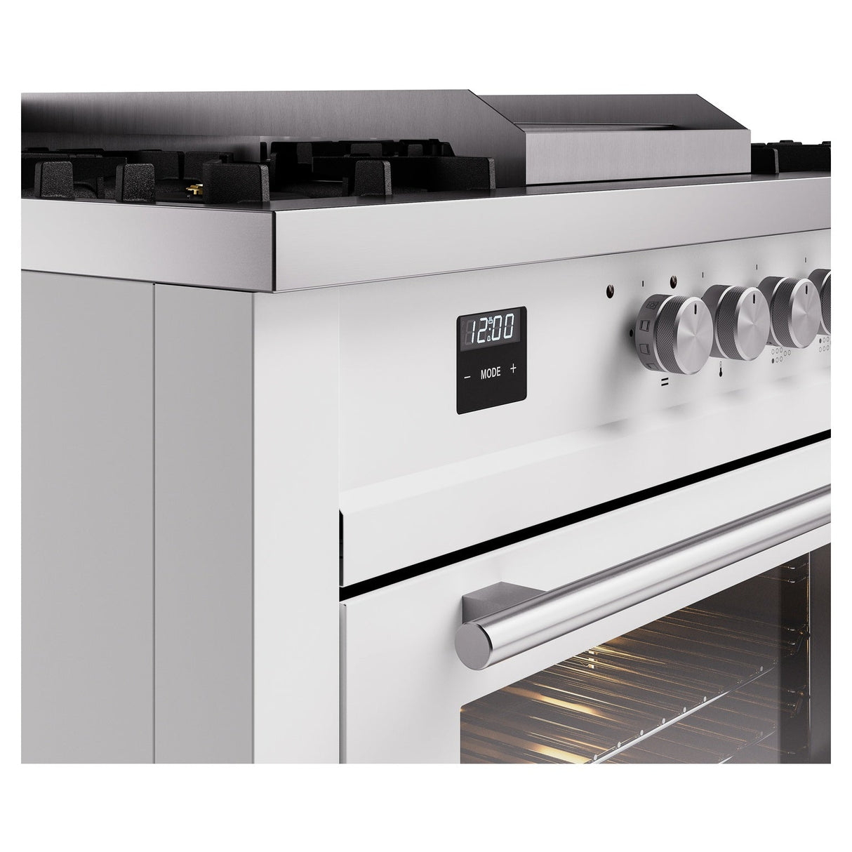 ILVE Professional Plus II 60-Inch Natural Gas Dual Fuel Range with 7 Burners, Griddle, & French Top with Solid Door Oven in White (UP60FSQMPWH)