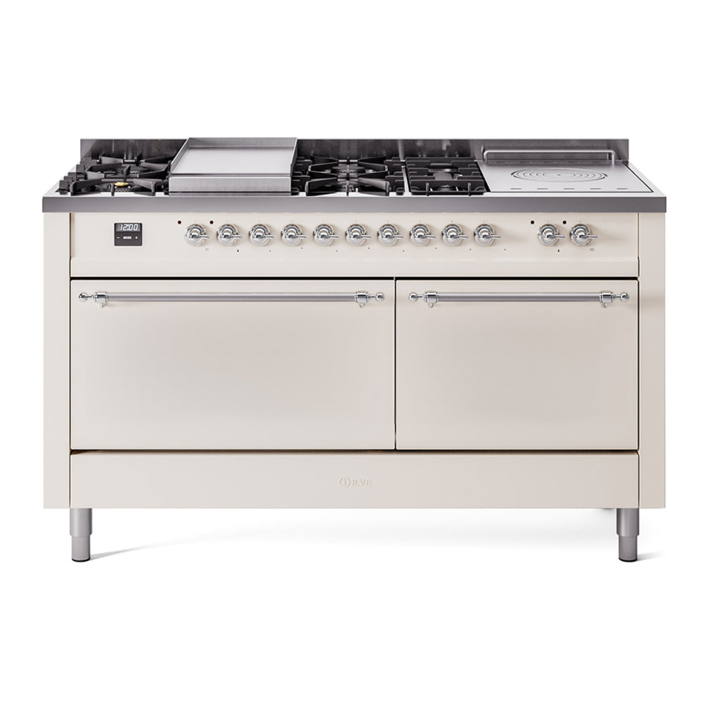 ILVE Nostalgie II 60-Inch Propane Gas Dual Fuel Range with 7 Burners, Griddle, & French Top with Solid Door Oven in Antique White with Chrome Trim (UP60FSQNMPAWCLP)