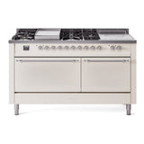 ILVE Nostalgie II 60-Inch Propane Gas Dual Fuel Range with 7 Burners, Griddle, & French Top with Solid Door Oven in Antique White with Chrome Trim (UP60FSQNMPAWCLP)