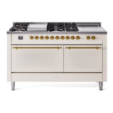 ILVE Nostalgie II 60-Inch Propane Gas Dual Fuel Range with 7 Burners, Griddle, & French Top with Solid Door Oven in Antique White with Brass Trim (UP60FSQNMPAWGLP)