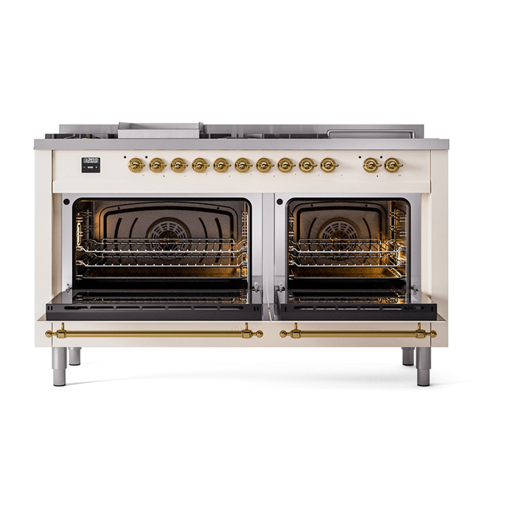 ILVE Nostalgie II 60-Inch Propane Gas Dual Fuel Range with 7 Burners, Griddle, & French Top with Solid Door Oven in Antique White with Brass Trim (UP60FSQNMPAWGLP)