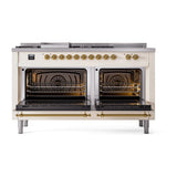 ILVE Nostalgie II 60-Inch Propane Gas Dual Fuel Range with 7 Burners, Griddle, & French Top with Solid Door Oven in Antique White with Brass Trim (UP60FSQNMPAWGLP)
