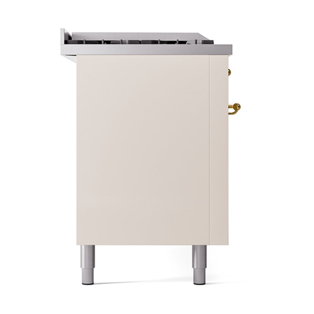 ILVE Nostalgie II 60-Inch Propane Gas Dual Fuel Range with 7 Burners, Griddle, & French Top with Solid Door Oven in Antique White with Brass Trim (UP60FSQNMPAWGLP)