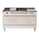 ILVE Nostalgie II 60-Inch Natural Gas Dual Fuel Range with 7 Burners, Griddle, & French Top with Solid Door Oven in Antique White with Copper Trim (UP60FSQNMPAWP)