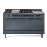 ILVE Nostalgie II 60-Inch Propane Gas Dual Fuel Range with 7 Burners, Griddle, & French Top with Solid Door Oven in Blue Grey with Bronze Trim (UP60FSQNMPBGBLP)