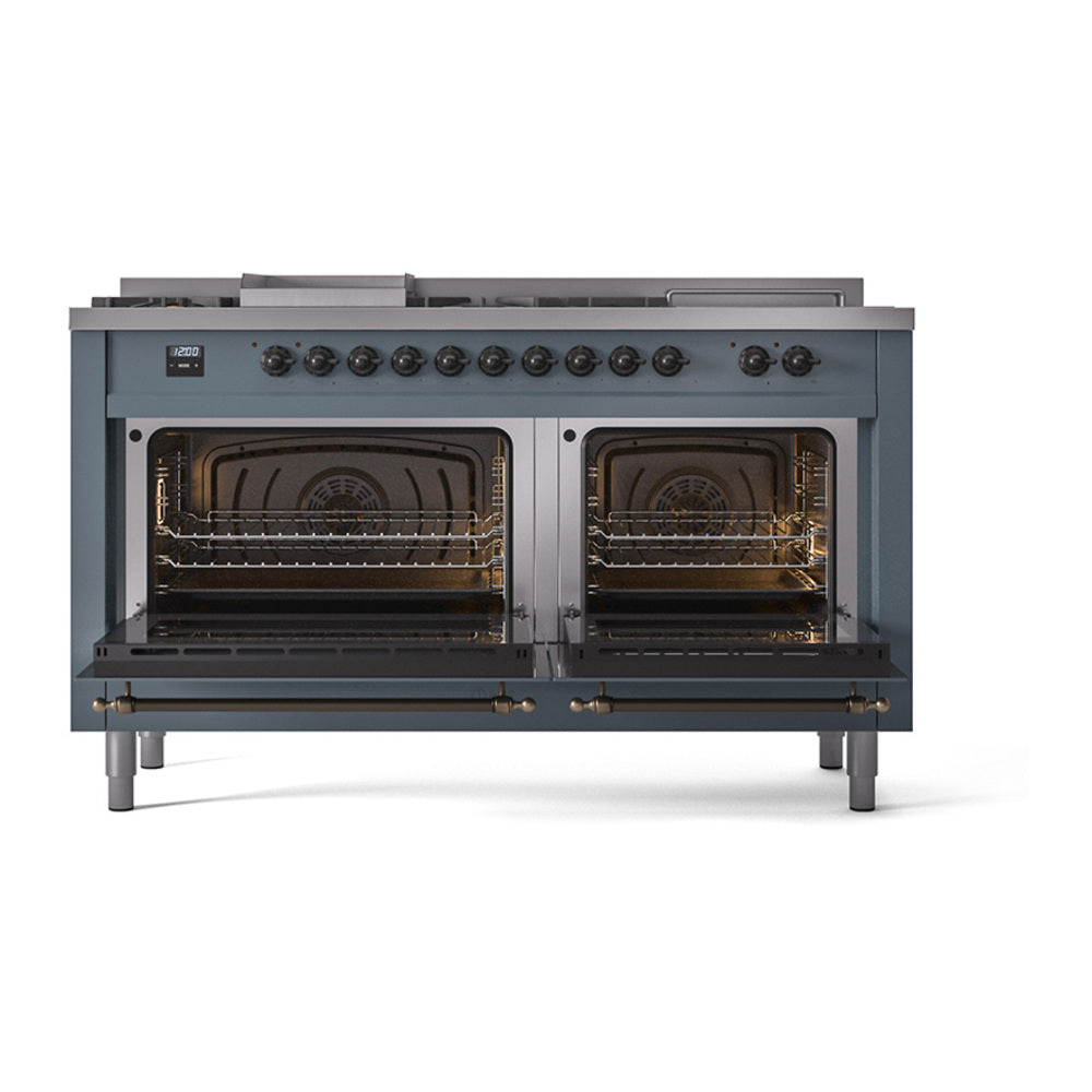 ILVE Nostalgie II 60-Inch Propane Gas Dual Fuel Range with 7 Burners, Griddle, & French Top with Solid Door Oven in Blue Grey with Bronze Trim (UP60FSQNMPBGBLP)