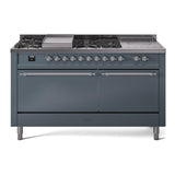 ILVE Nostalgie II 60-Inch Propane Gas Dual Fuel Range with 7 Burners, Griddle, & French Top with Solid Door Oven in Blue Grey with Chrome Trim (UP60FSQNMPBGCLP)