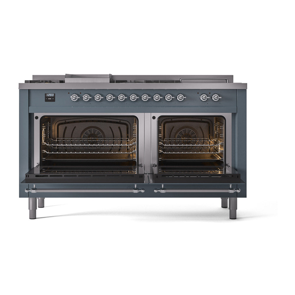 ILVE Nostalgie II 60-Inch Propane Gas Dual Fuel Range with 7 Burners, Griddle, & French Top with Solid Door Oven in Blue Grey with Chrome Trim (UP60FSQNMPBGCLP)