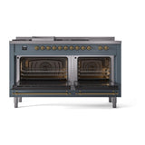 ILVE Nostalgie II 60-Inch Natural Gas Dual Fuel Range with 7 Burners, Griddle, & French Top with Solid Door Oven in Blue Grey with Brass Trim (UP60FSQNMPBGG)