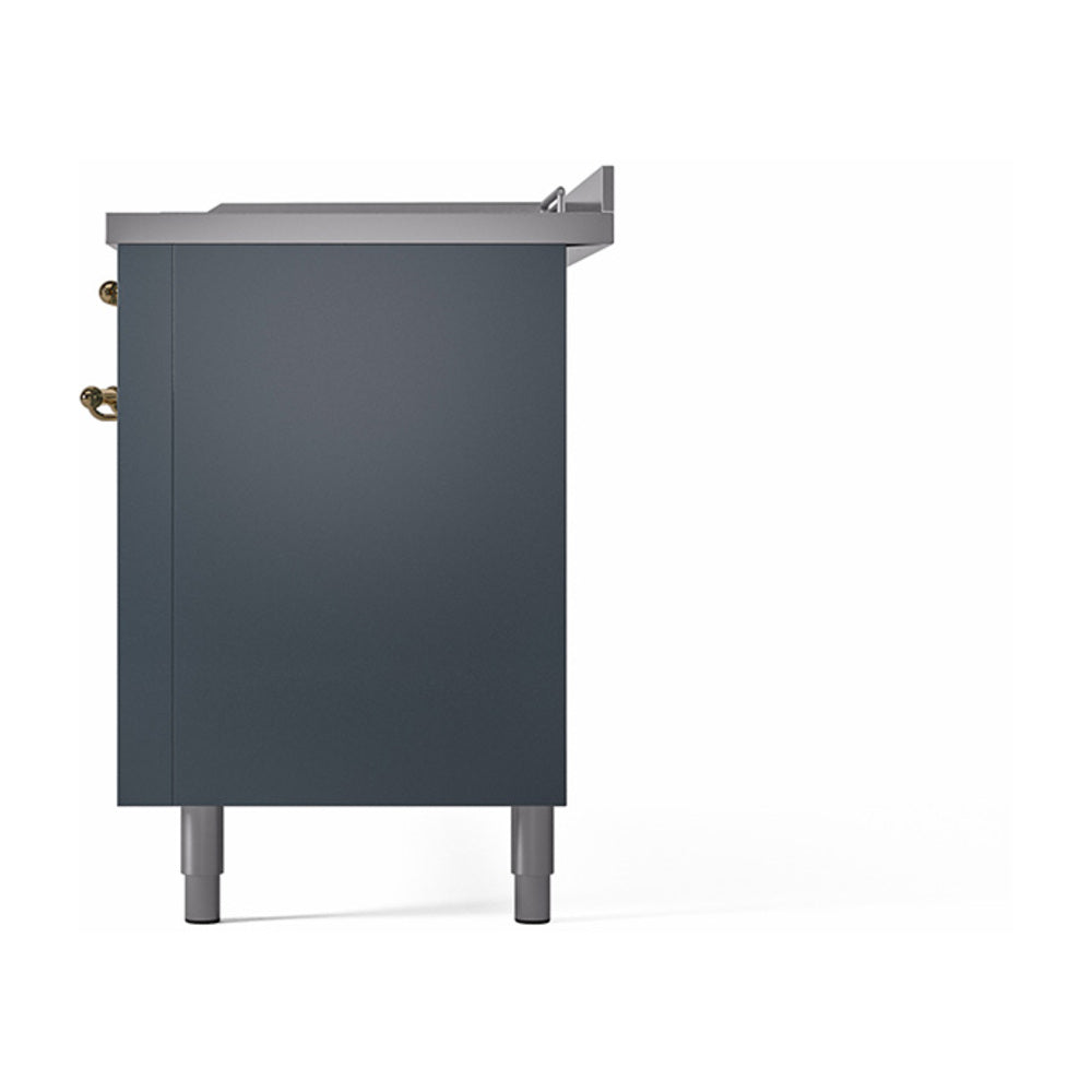 ILVE Nostalgie II 60-Inch Propane Gas Dual Fuel Range with 7 Burners, Griddle, & French Top with Solid Door Oven in Blue Grey with Brass Trim (UP60FSQNMPBGGLP)