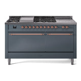 ILVE Nostalgie II 60-Inch Propane Gas Dual Fuel Range with 7 Burners, Griddle, & French Top with Solid Door Oven in Blue Grey with Copper Trim (UP60FSQNMPBGPLP)