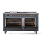 ILVE Nostalgie II 60-Inch Propane Gas Dual Fuel Range with 7 Burners, Griddle, & French Top with Solid Door Oven in Blue Grey with Copper Trim (UP60FSQNMPBGPLP)