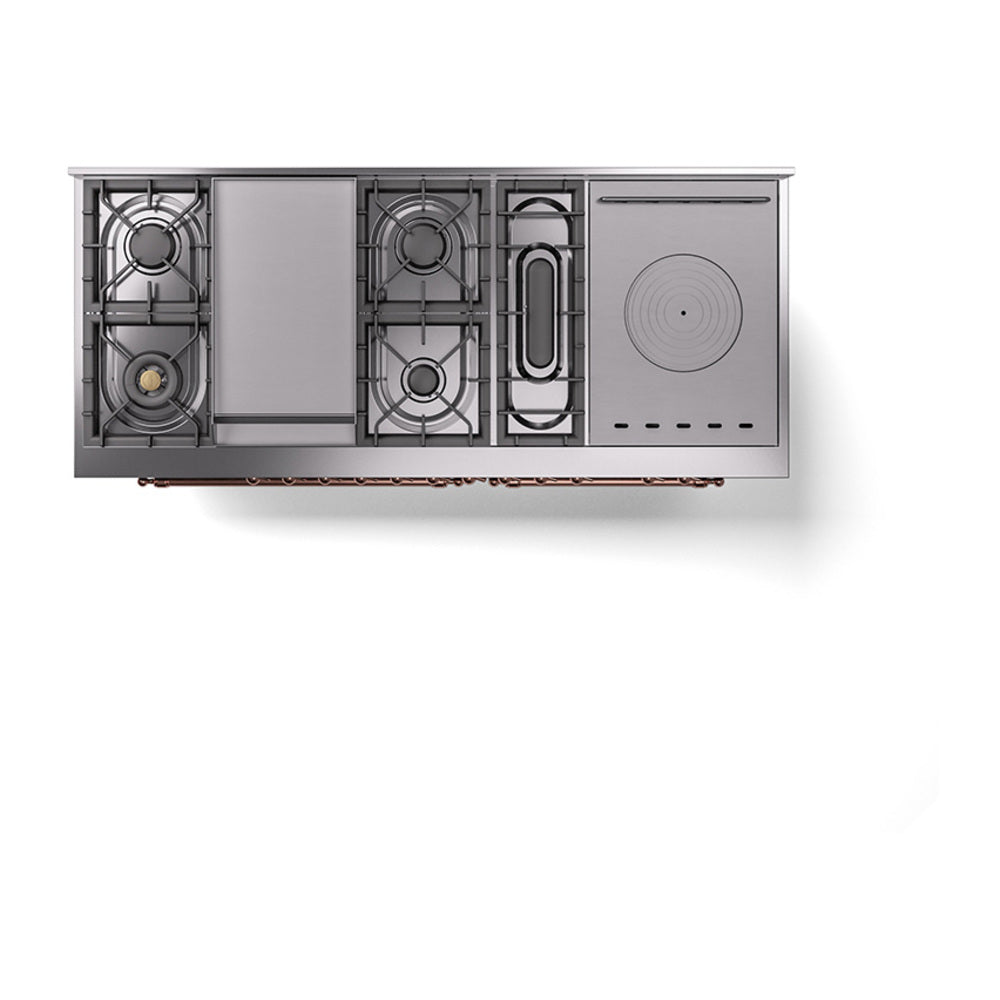 ILVE Nostalgie II 60-Inch Propane Gas Dual Fuel Range with 7 Burners, Griddle, & French Top with Solid Door Oven in Blue Grey with Copper Trim (UP60FSQNMPBGPLP)