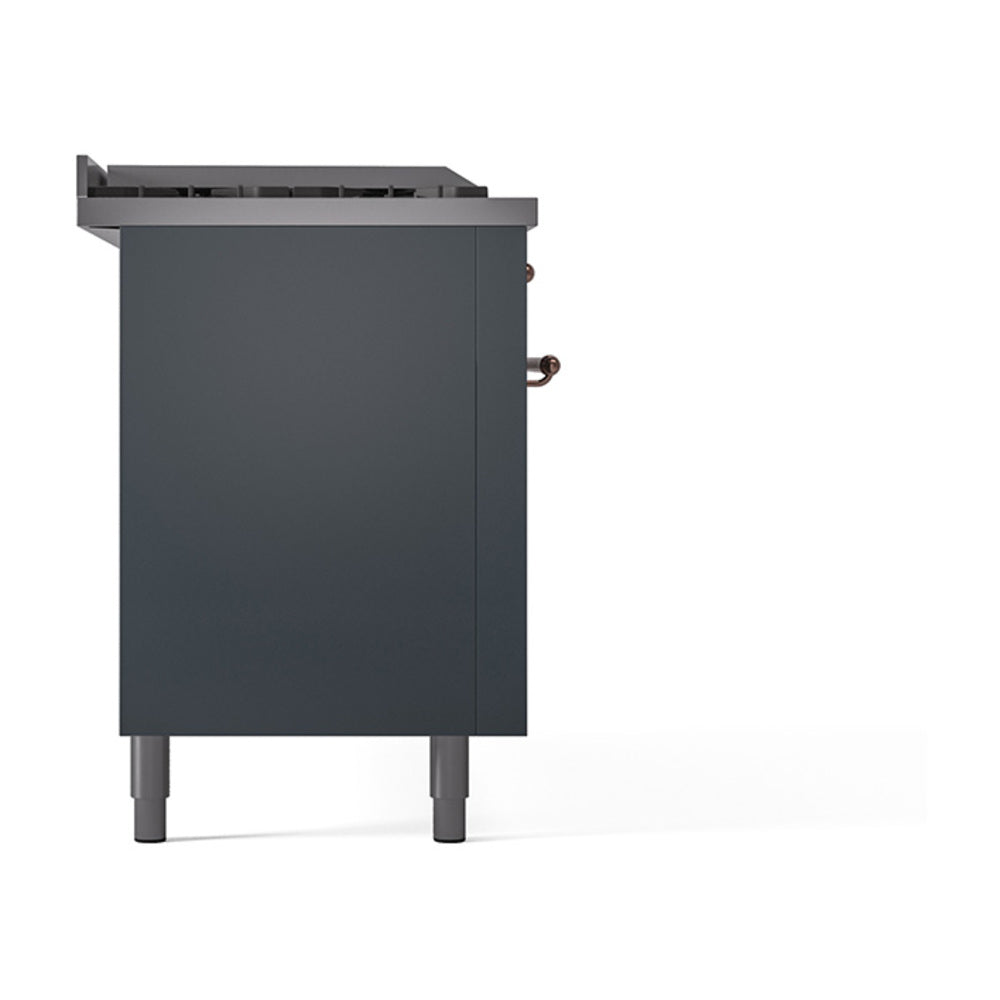 ILVE Nostalgie II 60-Inch Propane Gas Dual Fuel Range with 7 Burners, Griddle, & French Top with Solid Door Oven in Blue Grey with Copper Trim (UP60FSQNMPBGPLP)
