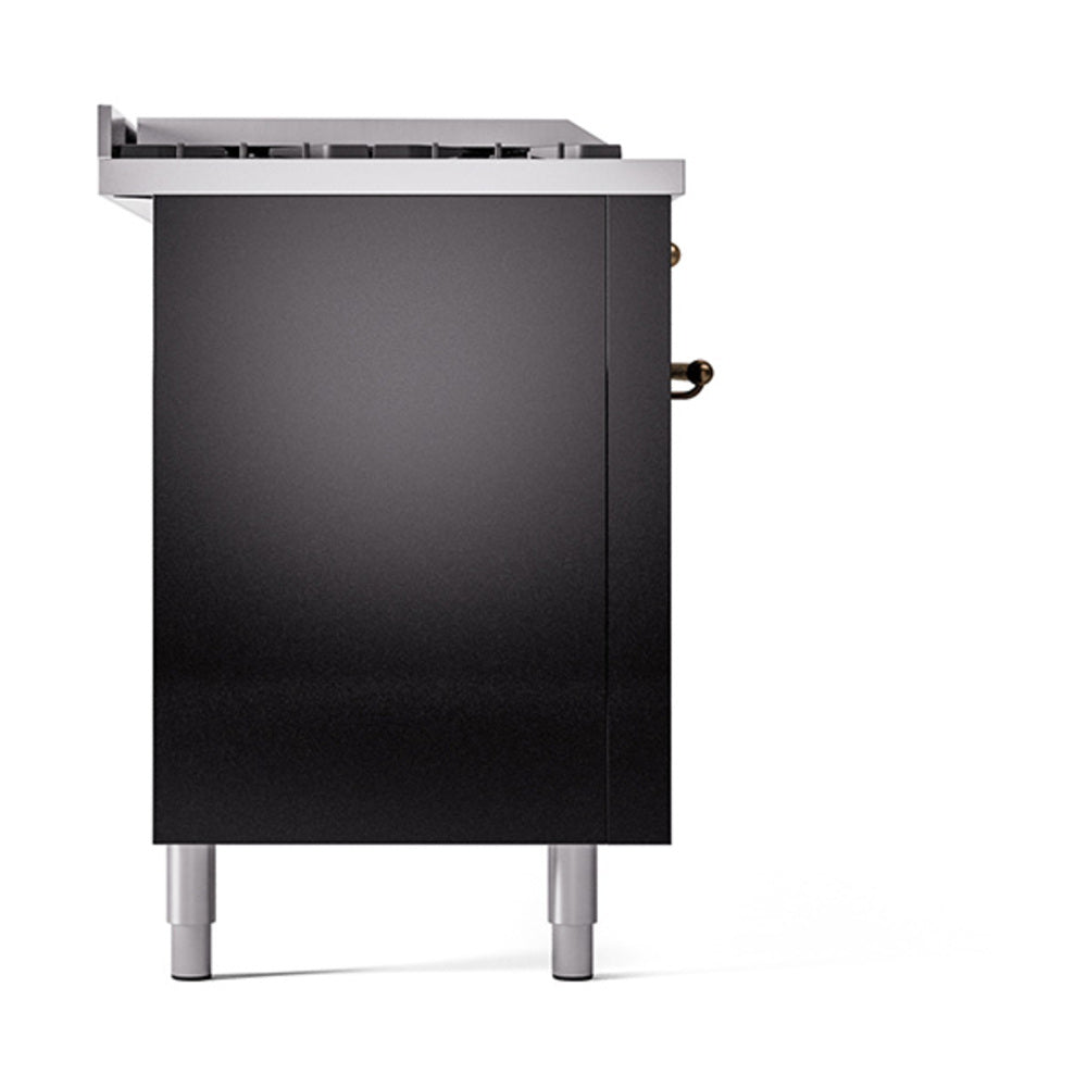 ILVE Nostalgie II 60-Inch Propane Gas Dual Fuel Range with 7 Burners, Griddle, & French Top with Solid Door Oven in Glossy Black with Bronze Trim (UP60FSQNMPBKBLP)