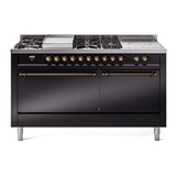 ILVE Nostalgie II 60-Inch Natural Gas Dual Fuel Range with 7 Burners, Griddle, & French Top with Solid Door Oven in Glossy Black with Bronze Trim (UP60FSQNMPBKB)