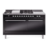 ILVE Nostalgie II 60-Inch Propane Gas Dual Fuel Range with 7 Burners, Griddle, & French Top with Solid Door Oven in Glossy Black with Chrome Trim (UP60FSQNMPBKCLP)