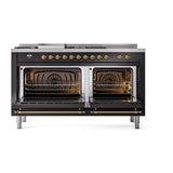 ILVE Nostalgie II 60-Inch Propane Gas Dual Fuel Range with 7 Burners, Griddle, & French Top with Solid Door Oven in Glossy Black with Brass Trim (UP60FSQNMPBKGLP)