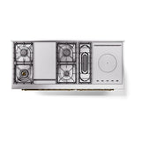 ILVE Nostalgie II 60-Inch Propane Gas Dual Fuel Range with 7 Burners, Griddle, & French Top with Solid Door Oven in Glossy Black with Brass Trim (UP60FSQNMPBKGLP)
