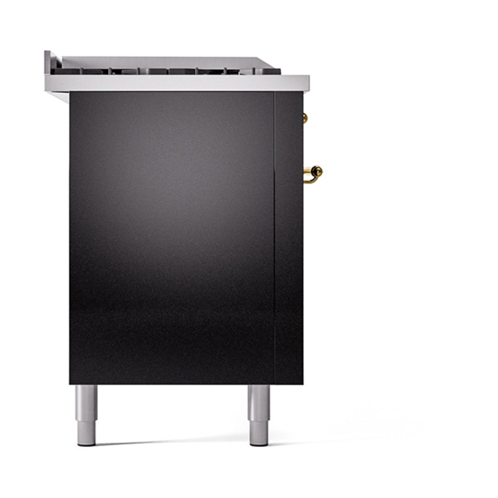 ILVE Nostalgie II 60-Inch Natural Gas Dual Fuel Range with 7 Burners, Griddle, & French Top with Solid Door Oven in Glossy Black with Brass Trim (UP60FSQNMPBKG)