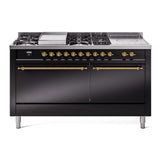 ILVE Nostalgie II 60-Inch Natural Gas Dual Fuel Range with 7 Burners, Griddle, & French Top with Solid Door Oven in Glossy Black with Brass Trim (UP60FSQNMPBKG)