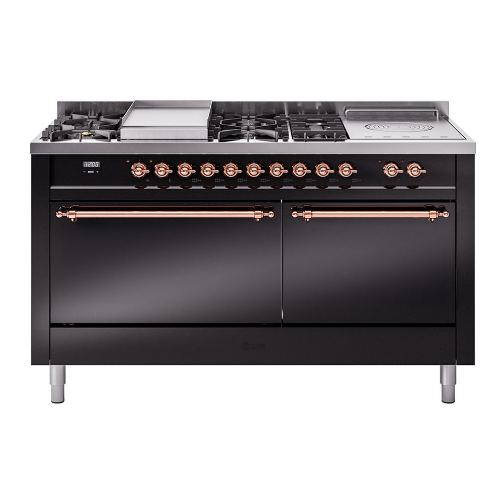 ILVE Nostalgie II 60-Inch Propane Gas Dual Fuel Range with 7 Burners, Griddle, & French Top with Solid Door Oven in Glossy Black with Copper Trim (UP60FSQNMPBKPLP)