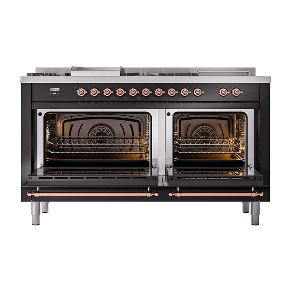 ILVE Nostalgie II 60-Inch Natural Gas Dual Fuel Range with 7 Burners, Griddle, & French Top with Solid Door Oven in Glossy Black with Copper Trim (UP60FSQNMPBKP)