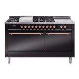 ILVE Nostalgie II 60-Inch Natural Gas Dual Fuel Range with 7 Burners, Griddle, & French Top with Solid Door Oven in Glossy Black with Copper Trim (UP60FSQNMPBKP)