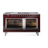 ILVE Nostalgie II 60-Inch Propane Gas Dual Fuel Range with 7 Burners, Griddle, & French Top with Solid Door Oven in Burgundy with Bronze Trim (UP60FSQNMPBUBLP)