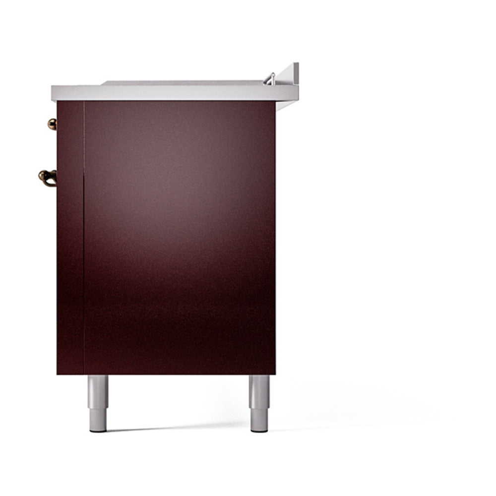 ILVE Nostalgie II 60-Inch Natural Gas Dual Fuel Range with 7 Burners, Griddle, & French Top with Solid Door Oven in Burgundy with Bronze Trim (UP60FSQNMPBUB)