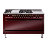 ILVE Nostalgie II 60-Inch Natural Gas Dual Fuel Range with 7 Burners, Griddle, & French Top with Solid Door Oven in Burgundy with Bronze Trim (UP60FSQNMPBUB)