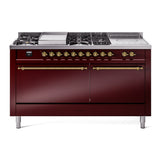 ILVE Nostalgie II 60-Inch Propane Gas Dual Fuel Range with 7 Burners, Griddle, & French Top with Solid Door Oven in Burgundy with Brass Trim (UP60FSQNMPBUGLP)