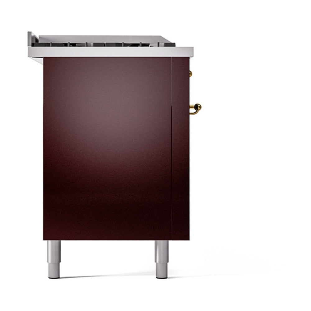 ILVE Nostalgie II 60-Inch Propane Gas Dual Fuel Range with 7 Burners, Griddle, & French Top with Solid Door Oven in Burgundy with Brass Trim (UP60FSQNMPBUGLP)