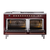 ILVE Nostalgie II 60-Inch Natural Gas Dual Fuel Range with 7 Burners, Griddle, & French Top with Solid Door Oven in Burgundy with Copper Trim (UP60FSQNMPBUP)