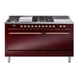 ILVE Nostalgie II 60-Inch Natural Gas Dual Fuel Range with 7 Burners, Griddle, & French Top with Solid Door Oven in Burgundy with Copper Trim (UP60FSQNMPBUP)