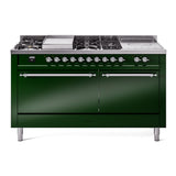 ILVE Nostalgie II 60-Inch Propane Gas Dual Fuel Range with 7 Burners, Griddle, & French Top with Solid Door Oven in Emerald Green with Chrome Trim (UP60FSQNMPEGCLP)