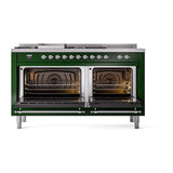 ILVE Nostalgie II 60-Inch Propane Gas Dual Fuel Range with 7 Burners, Griddle, & French Top with Solid Door Oven in Emerald Green with Chrome Trim (UP60FSQNMPEGCLP)