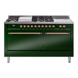 ILVE Nostalgie II 60-Inch Natural Gas Dual Fuel Range with 7 Burners, Griddle, & French Top with Solid Door Oven in Emerald Green with Copper Trim (UP60FSQNMPEGP)