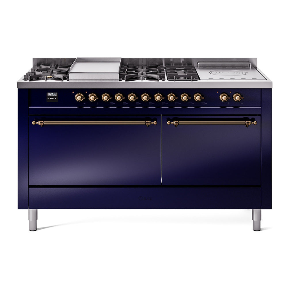 ILVE Nostalgie II 60-Inch Propane Gas Dual Fuel Range with 7 Burners, Griddle, & French Top with Solid Door Oven in Midnight Blue with Bronze Trim (UP60FSQNMPMBBLP)