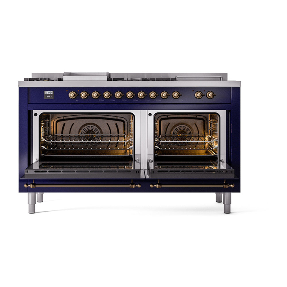 ILVE Nostalgie II 60-Inch Propane Gas Dual Fuel Range with 7 Burners, Griddle, & French Top with Solid Door Oven in Midnight Blue with Bronze Trim (UP60FSQNMPMBBLP)