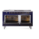ILVE Nostalgie II 60-Inch Propane Gas Dual Fuel Range with 7 Burners, Griddle, & French Top with Solid Door Oven in Midnight Blue with Bronze Trim (UP60FSQNMPMBBLP)