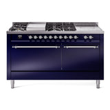 ILVE Nostalgie II 60-Inch Propane Gas Dual Fuel Range with 7 Burners, Griddle, & French Top with Solid Door Oven in Midnight Blue with Chrome Trim (UP60FSQNMPMBCLP)