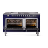 ILVE Nostalgie II 60-Inch Propane Gas Dual Fuel Range with 7 Burners, Griddle, & French Top with Solid Door Oven in Midnight Blue with Chrome Trim (UP60FSQNMPMBCLP)