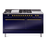 ILVE Nostalgie II 60-Inch Propane Gas Dual Fuel Range with 7 Burners, Griddle, & French Top with Solid Door Oven in Midnight Blue with Brass Trim (UP60FSQNMPMBGLP)
