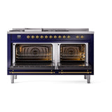 ILVE Nostalgie II 60-Inch Propane Gas Dual Fuel Range with 7 Burners, Griddle, & French Top with Solid Door Oven in Midnight Blue with Brass Trim (UP60FSQNMPMBGLP)