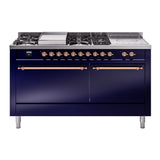ILVE Nostalgie II 60-Inch Propane Gas Dual Fuel Range with 7 Burners, Griddle, & French Top with Solid Door Oven in Midnight Blue with Copper Trim (UP60FSQNMPMBPLP)