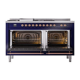 ILVE Nostalgie II 60-Inch Propane Gas Dual Fuel Range with 7 Burners, Griddle, & French Top with Solid Door Oven in Midnight Blue with Copper Trim (UP60FSQNMPMBPLP)