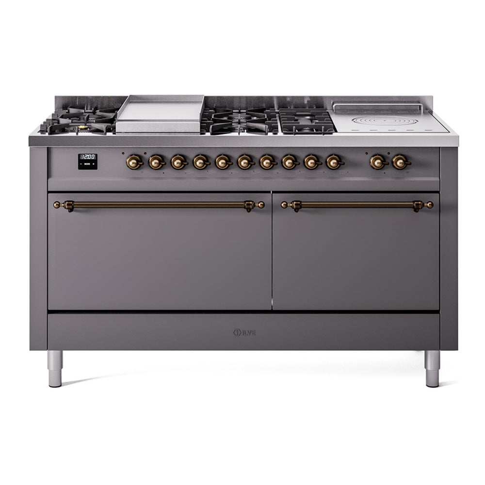 ILVE Nostalgie II 60-Inch Propane Gas Dual Fuel Range with 7 Burners, Griddle, & French Top with Solid Door Oven in Matte Graphite with Bronze Trim (UP60FSQNMPMGBLP)